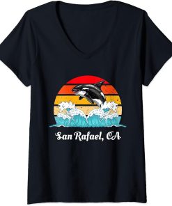 Womens Vintage San Rafael CA Distressed Orca Killer Whale Art V-Neck T-Shirt