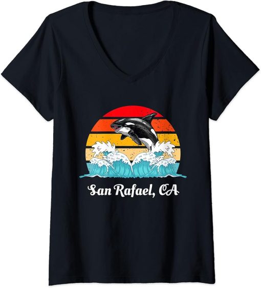 Womens Vintage San Rafael CA Distressed Orca Killer Whale Art V-Neck T-Shirt