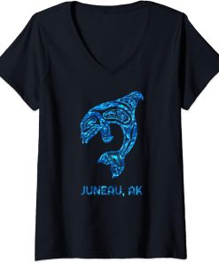 Womens Blue Juneau Alaska Native American Indian Orca Killer Whale V-Neck T-Shirt