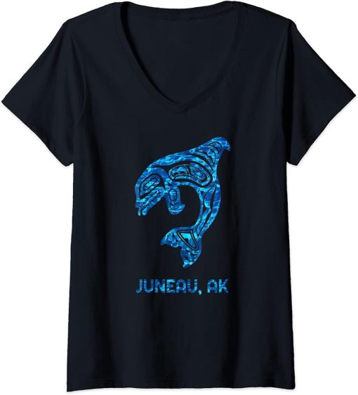 Womens Blue Juneau Alaska Native American Indian Orca Killer Whale V-Neck T-Shirt