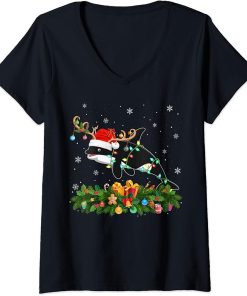 Womens Orca Killer Whale Lover Reindeer Santa Hat Orca Christmas V-Neck T-Shirt