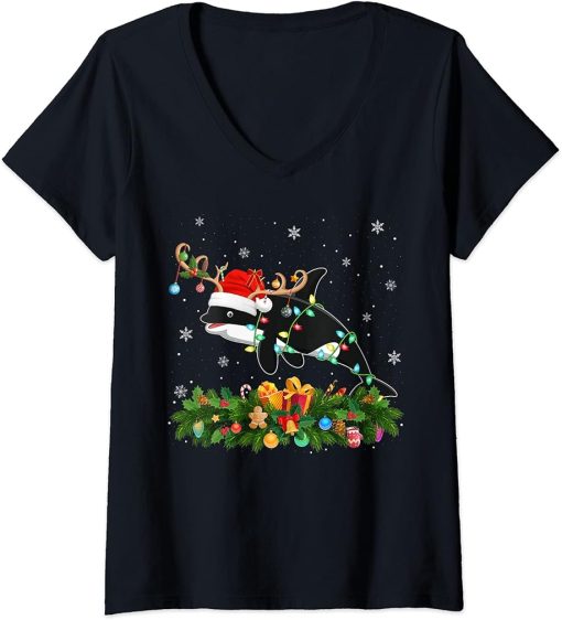 Womens Orca Killer Whale Lover Reindeer Santa Hat Orca Christmas V-Neck T-Shirt