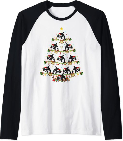 Orca Lover Lights Xmas Santa Orca Christmas Tree Raglan Baseball Tee