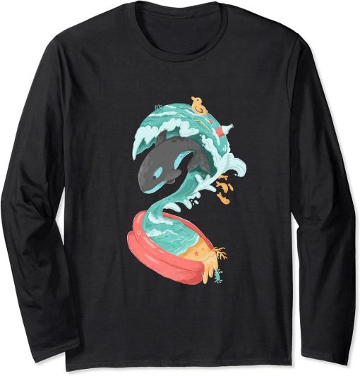 Orca Tsunami Inflatable Pool Save Ocean Wildlife Surrealism Long Sleeve T-Shirt