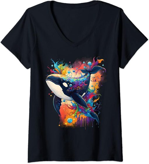 Womens Colourful mystical orca whale watching dolphin pottwhale orca whale V-Neck T-Shirt