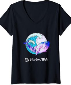 Womens Gig Harbor WA Japanese Paint Geometric Orca Killer Whale V-Neck T-Shirt