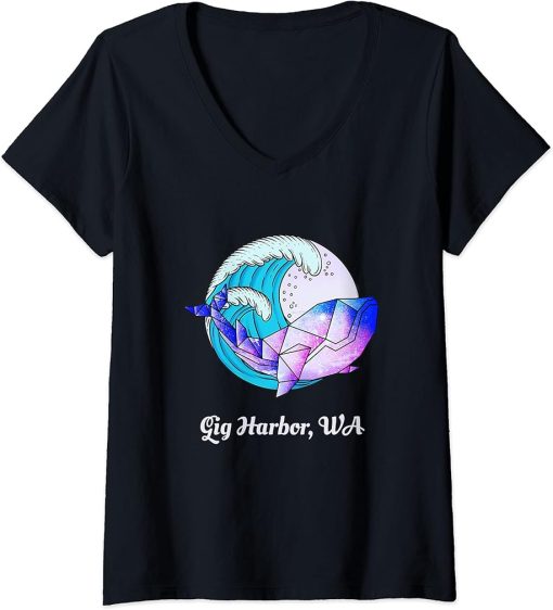 Womens Gig Harbor WA Japanese Paint Geometric Orca Killer Whale V-Neck T-Shirt