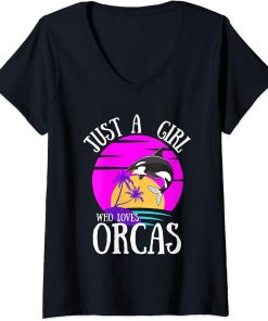 Womens Just A Girl Who Loves Orcas Retro Vintage V-Neck T-Shirt