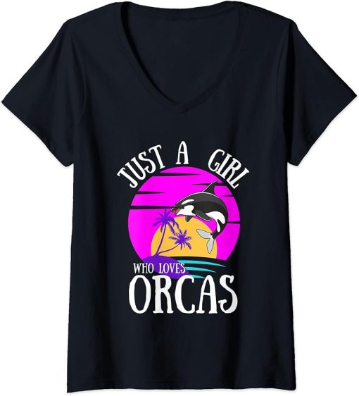 Womens Just A Girl Who Loves Orcas Retro Vintage V-Neck T-Shirt